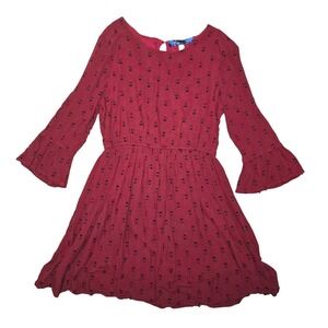 Blue Rain Burgundy Boho Peasant Mini Dress Smocked Waist Flared Sleeve Small
